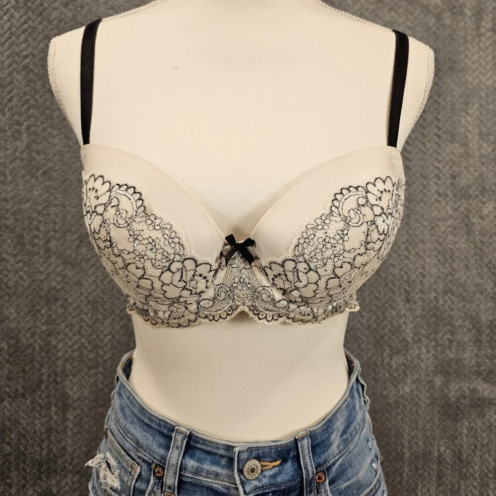 Victorias‎ Secret Dream Angels Lined Demi Bra 36C Cream Black Lace Rhinestone